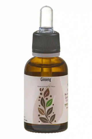 Flacone da 30 ml di estratto liquido di Ginseng (Panax ginseng) con contagocce trasparente.