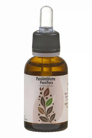 Flacone da 30 ml di estratto liquido di Passiflora incarnata con contagocce trasparente. Etichetta con grafica a foglie naturali.