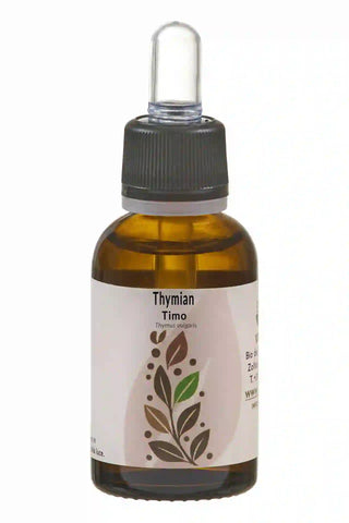 Flacone da 30 ml di estratto liquido di Timo (Thymus vulgaris) con contagocce trasparente.