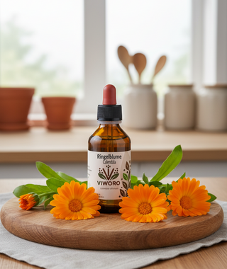 Il flacone di estratto di Calendula (Ringelblume) 1:1 Viworo, disposto su un tagliere con fiori di calendula arancioni.