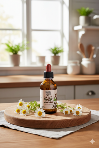 L'estratto di Camomilla 1:1 Viworo su un tavolo da cucina, circondato da fiori freschi di camomilla.