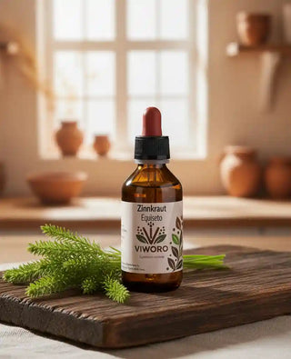 L'estratto di Equiseto 1:1 (Coda Cavallina) Viworo, disposto con la pianta fresca di equiseto su un tavolo.