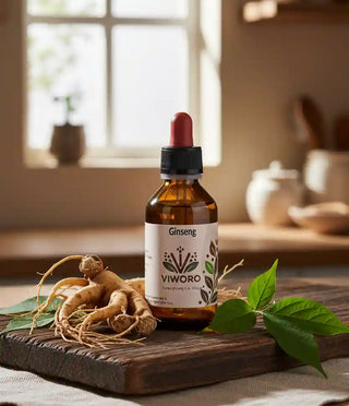 L'estratto di Ginseng T.M. Viworo su un tagliere di legno accanto a una radice di ginseng fresca tagliata.