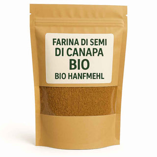 Confezione di farina di semi di canapa biologica con etichetta "Farina di semi di canapa BIO