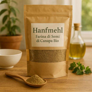 Farina di canapa biologica su tavolo in legno con bicchiere e erbe fresche sullo sfondo