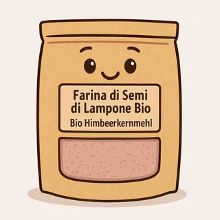 Illustrazione simpatica della confezione di farina di semi di lampone biologica