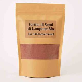 Confezione di farina di semi di lampone biologica con etichetta semplice