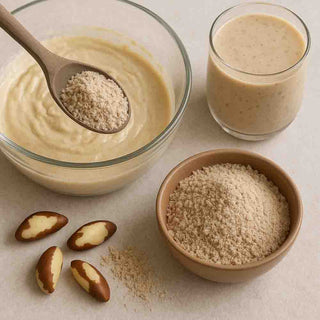 Farina di noci del Brasile servita in crema con ciotola e noci – idea d’uso sana