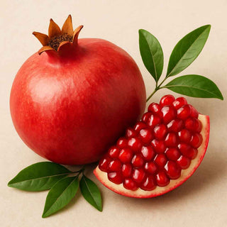 Frutto di melograno maturo con chicchi rossi e foglie verdi.