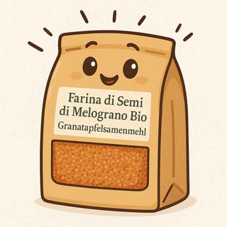 Illustrazione simpatica di una confezione sorridente di Farina di Semi di Melograno Bio.
