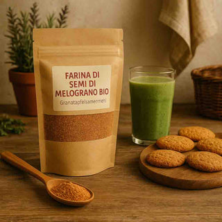 Scena naturale con Farina di Semi di Melograno Bio accanto a bicchiere verde e ingredienti