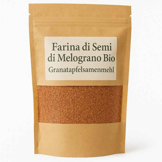 Confezione di Farina di Semi di Melograno Bio in busta kraft naturale.