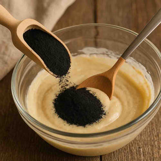 Farina di nigella aggiunta a un impasto con cucchiaio – idea d’uso pratica