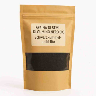 Confezione di farina di semi di nigella biologica con etichetta semplice