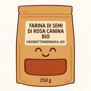 Illustrazione della confezione di farina di semi di rosa canina biologica