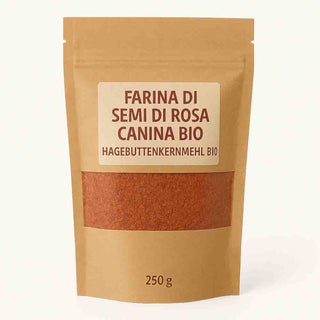 Confezione di farina di semi di rosa canina biologica con etichetta semplice