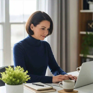 La stessa donna che ora lavora con calma e concentrazione, simbolo di resilienza e focus mentale.