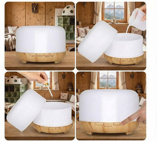 Collage fotografico che mostra i passaggi per utilizzare il diffusore: aprire il coperchio, aggiungere acqua, versare l'olio essenziale e premere il pulsante di accensione.