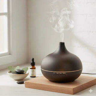 Diffusore di aromi Viworo in funzione su un tagliere di legno in una cucina moderna.