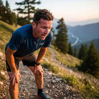 Un trail runner esausto che si riposa sulle ginocchia durante una corsa in montagna, simbolo della fatica.