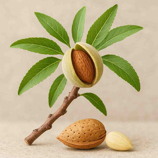 Mandorla fresca ancora sul ramo con foglie verdi, simbolo della naturalezza del prodotto.