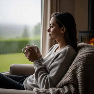 Persona che medita in una stanza luminosa, a simboleggiare la pace interiore e la serenità.