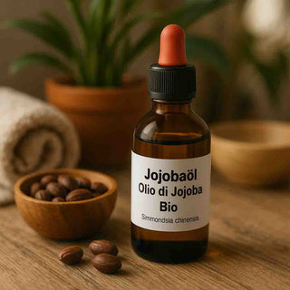 Flacone di olio di jojoba su vassoio con frutti – uso cosmetico e naturale