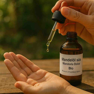 Applicazione dell’olio di mandorle dolci sulla pelle con pipetta – uso cosmetico