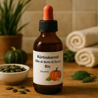 Flacone di olio di zucca con decorazione naturale – adatto per cucina o benessere