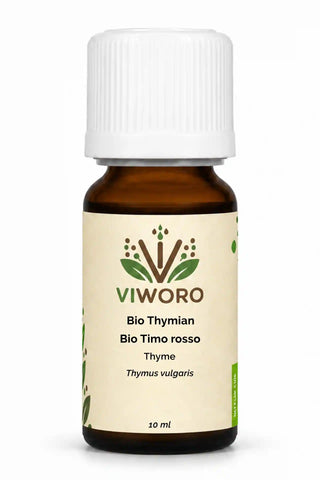 Olio essenziale di Timo rosso bio 10 ml Viworo, profumo floreale e rosato per aromaterapia.