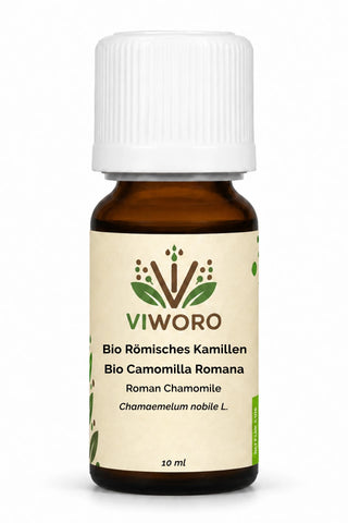 Olio essenziale di camomilla romana bio 10 ml Viworo, profumo dolce di mela per aromaterapia.