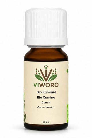 Olio essenziale di cumino bio 10 ml Viworo, profumo speziato e caldo per aromaterapia.
