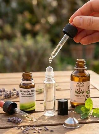 Creazione di un roll-on personalizzato con Olio MCT come base neutra e oli essenziali per aromaterapia.