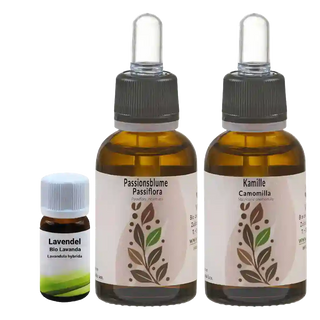 I tre prodotti del Pacchetto Equilibrio Serale: Olio di Lavanda Bio, Estratto di Passiflora e Estratto di Camomilla.