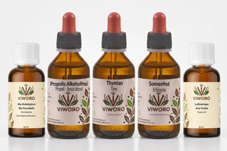 Cold Season Wellness Pack large: alcohol-free propolis, thyme and echinacea extracts 100 ml each with organic eucalyptus and Clean Air essential oils 30 ml each