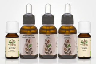 Cold Season Wellness Pack small: alcohol-free propolis, thyme and echinacea extracts 30 ml each with organic eucalyptus and Clean Air essential oils 10 ml each