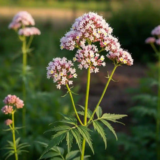 Pianta di Valeriana officinalis con i suoi fiori rosa e bianchi in un ambiente naturale.
