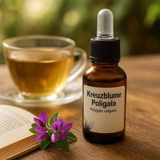 Flacone con fiore, tazza di tè e libro su tavolo rustico