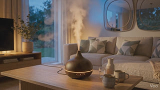 Video del diffusore a ultrasuoni in legno scuro in funzione nel soggiorno
