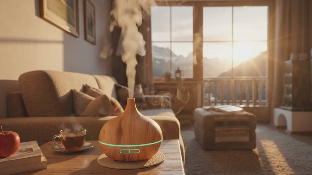 Video del diffusore a ultrasuoni chiaro in legno naturale in funzione