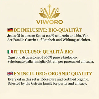Infografica multilingue che attesta la "Qualità Bio Inclusa" degli oli essenziali naturali Viworo.