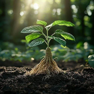 Radici di Ginseng (Panax ginseng) di alta qualità su una superficie di legno scuro.
