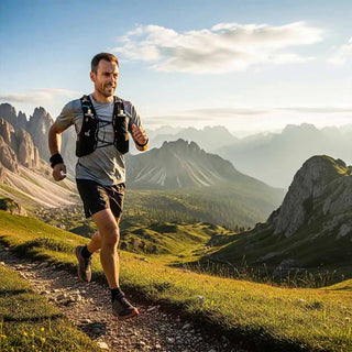 Lo stesso trail runner che ora corre con forza e resistenza in un paesaggio alpino, simbolo di vitalità.