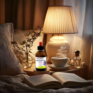 Scena serale accogliente con un libro, una tazza di tè e una boccetta di estratto di Papavero Rosso su un comodino.