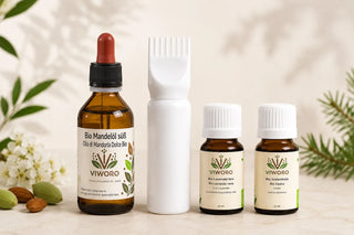Set olio capelli Sera: Olio di Mandorle Dolci Bio, flacone applicatore, Bio Lavanda vera e Bio Cedro