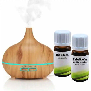 Il set benessere Viworo con diffusore effetto legno, olio di Pino Cembro e olio di Litsea.