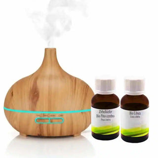 Il set diffusore Viworo con due flaconi di olio essenziale su sfondo bianco.