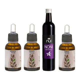NUI NONI Starter set: one 750 ml bottle of noni juice with artichoke, dandelion and horsetail extracts of 30 ml each