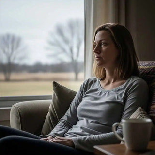 Donna che si sente apatica e stanca in inverno, guardando fuori dalla finestra, prima di un ciclo di depurazione.