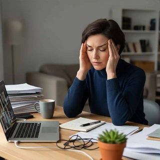Donna stressata e sopraffatta che lavora alla sua scrivania, simbolo di affaticamento mentale.